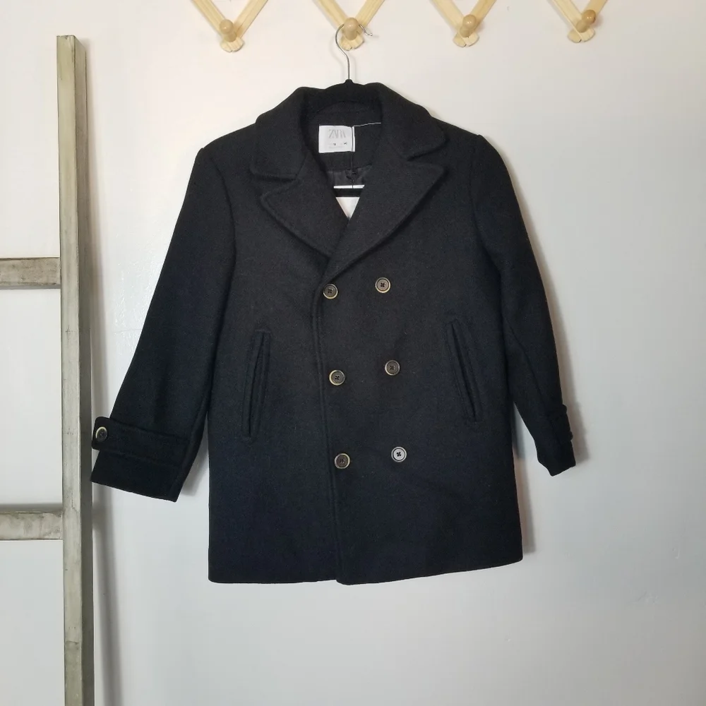 NWT ZARA GIRL'S BLACK DOUBLE BREASTED PEACOAT SIZE 10 53% WOOL